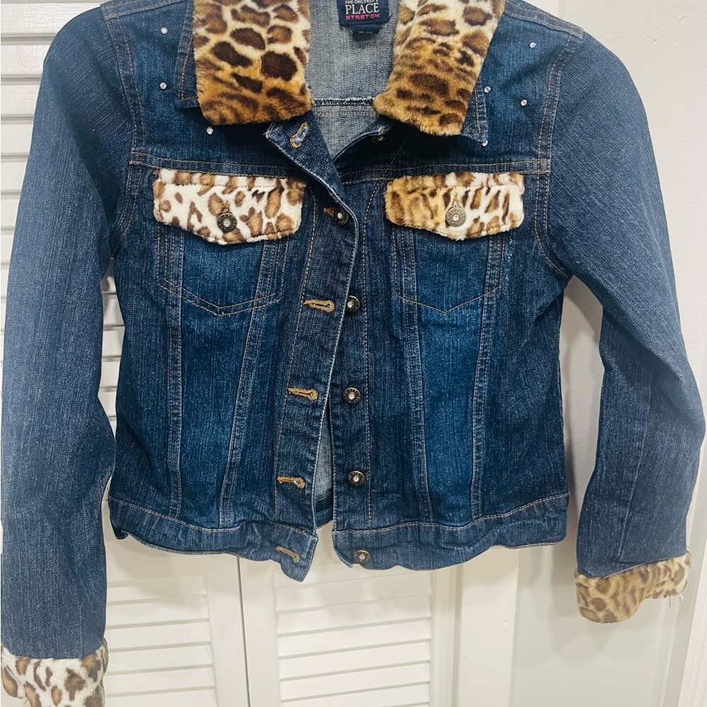 Girls The Children's Place Blue Denim Jacket with Leopard Print